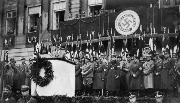 Adolf Hitler giving a speech in front of Coburg rathaus for the 15th year of the Zug nach Coburg